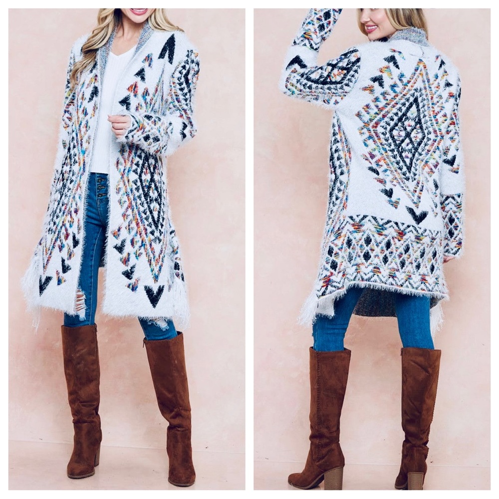 #19 Boho Aztec Long Sleeve Open Drape Front Cardigan Fringe detail - Picture 4 of 5